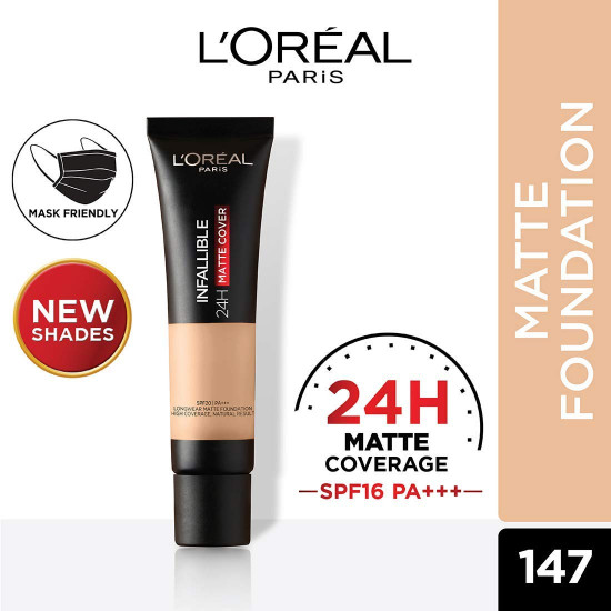 L'Oréal Paris Liquid Foundation, Waterproof, Sweatproof and Heatproof, Oil-Control, Infallible 24H Matte Cover, 147 Neutral Beige , 35 ml