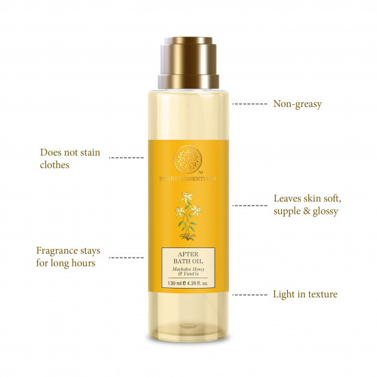Forest Essentials After Bath Oil Mashobra Honey & Vanilla | Ayurvedic Moisturizing & Nourishing Shower Oil For Body | Purifying, Scented Bath Oil For Women & Men | 130 ml