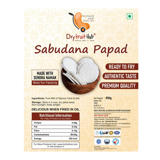 Dry Fruit Hub Sabudana Papad 400gm, (Gluten-Free & Upwas-Friendly Tapioca Papads), Healthy and Ready to Fry