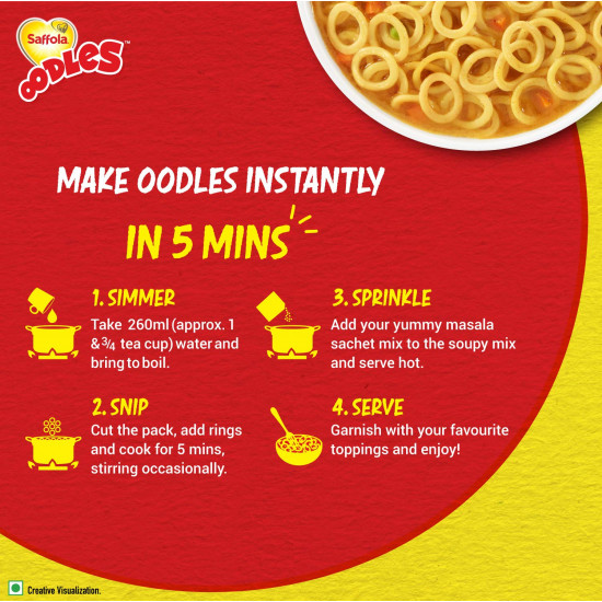 Saffola Oodles, Instant Noodles, Ring Shape, Yummy Masala Flavour, No Maida, Whole Grain Oats, 46 grams Pouch