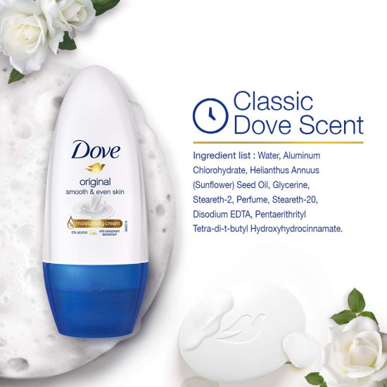 Dove Original Deodorant Roll On For Women, Antiperspirant Underarm Roll On Removes Odour, Keeps Skin Fresh & Clean, Alcohol Free, Paraben Free, 50 ml