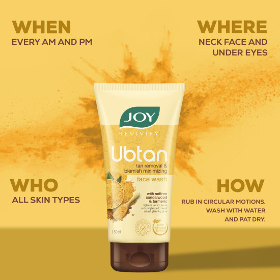 Joy Ubtan Tan Removal Face Wash 150ml | Detans & Brightens, Removes Dirt & Blemishes for a Natural Glowing Skin | Enriched With Turmeric, Saffron & Sandalwood | Suitable for All Skin Types
