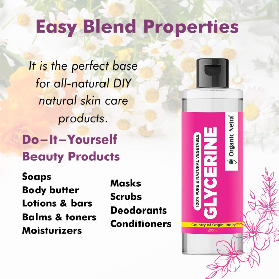 Organic Netra 100% Pure Vegetable Glycerine â€“ All-Natural, Chemical-Free Liquid Glycerine for Men and Women - Perfect Hair and Skin Moisturizer - Non-GMO, Gluten-Free, Therapeutic Grade 200ml