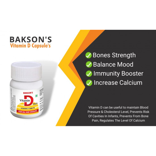 Bakson's Vitamin D Plus, Promotes Calcium Absorption, Bone Health, Muscle Strength & Boosts Immunity | Comes With Vitamin A,B,C & E for All Age Groups - (30 tab)