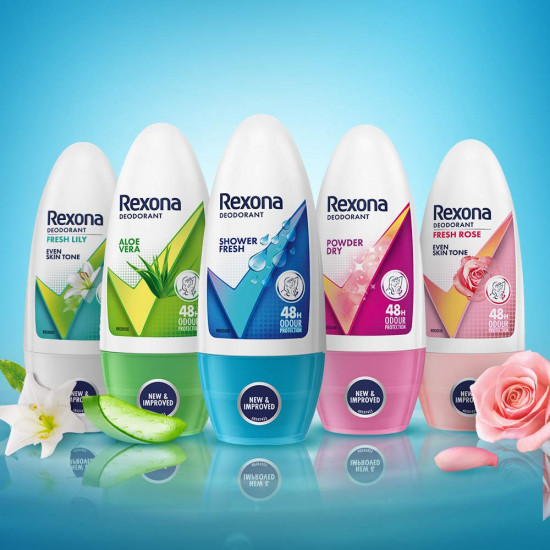 Rexona Powder Dry Underarm Roll On Deodorant For Women, Antiperspirant, Removes Odour, Keeps Skin Fresh & Clean, Alcohol Free, Skin Friendly, 50 ml