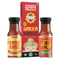 MasterChow Hot Chilli Garlic Noodle Pack - Hakka Noodles (300G) + Chilli & Garlic Bang Bang (220G) + Hot And Spicy Fireball (220G) Cooking Sauce | Serves 4-5 Meals, 300 grams
