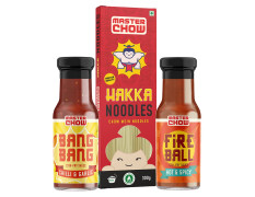MasterChow Hot Chilli Garlic Noodle Pack - Hakka Noodles (300G) + Chilli & Garlic Bang Bang (220G) + Hot And Spicy Fireball (220G) Cooking Sauce | Serves 4-5 Meals, 300 grams