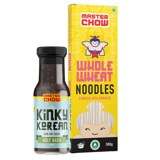 MasterChow Healthy Noodle Pack - Whole Wheat Noodles (300 gm) and Holy Basil Kinky Korean Stir Fry Cooking Sauce (220gm) | No Artificial Color | No Maida, Not Fried |Fresh From the Kitchen | Serves 4-5 Meals