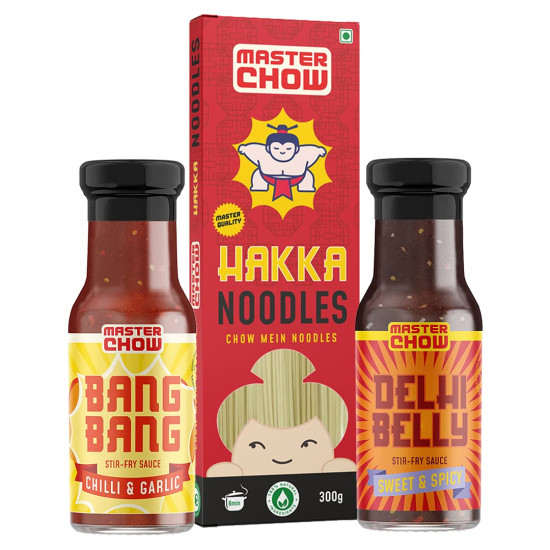 MasterChow Sweet and Spicy Noodle Pack - Hakka Noodles (300g) + Chilli & Garlic Bang Bang (220g)+ Sweet & Spicy Delhi Belly (220g) cooking sauce | Serves 4-5 Meals