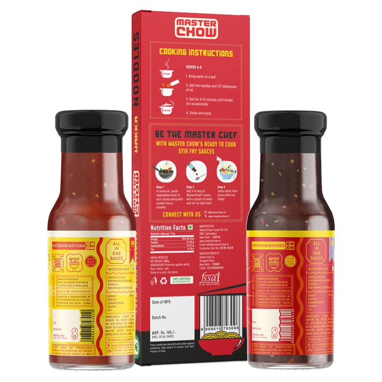 MasterChow Sweet and Spicy Noodle Pack - Hakka Noodles (300g) + Chilli & Garlic Bang Bang (220g)+ Sweet & Spicy Delhi Belly (220g) cooking sauce | Serves 4-5 Meals