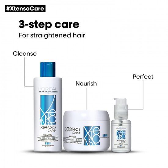 L'OREAL PROFESSIONNEL PARIS Xtenso Care Shampoo + Mask + Serum Combo Pack For Straightened Hair (250Ml + 196Gm + 50Ml)| Hair Care Regimen For Straightened Hair