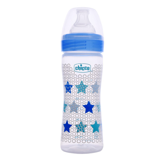 Chicco Well-Being 250 ml Feeding Plastic Bottle, Advanced Anti-Colic System, BPA Free, Hygienic Silicone Teat (Blue)