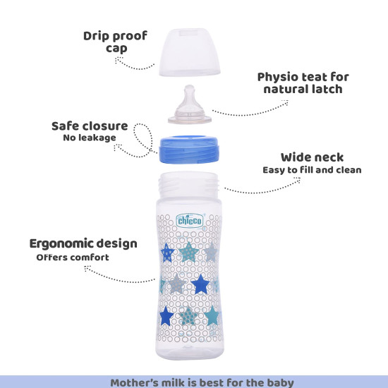 Chicco Well-Being 250 ml Feeding Plastic Bottle, Advanced Anti-Colic System, BPA Free, Hygienic Silicone Teat (Blue)