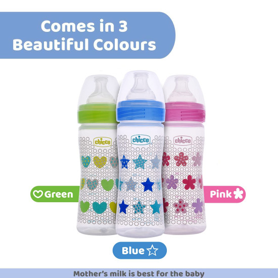 Chicco Well-Being 250 ml Feeding Plastic Bottle, Advanced Anti-Colic System, BPA Free, Hygienic Silicone Teat (Blue)
