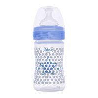 Chicco Well-Being 150 ml Feeding Plastic Bottle, Advanced Anti-Colic System, BPA Free, Hygienic Silicone Teat (Blue)