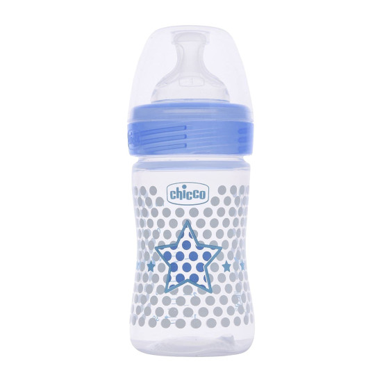 Chicco Well-Being 150 ml Feeding Plastic Bottle, Advanced Anti-Colic System, BPA Free, Hygienic Silicone Teat (Blue)