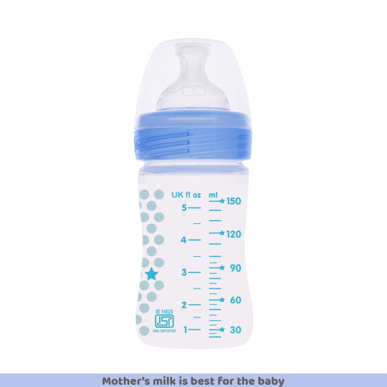 Chicco Well-Being 150 ml Feeding Plastic Bottle, Advanced Anti-Colic System, BPA Free, Hygienic Silicone Teat (Blue)
