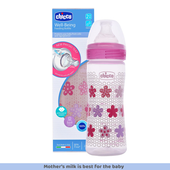 Chicco Well-Being 250 ml Feeding Plastic Bottle, Advanced Anti-Colic System, BPA Free, Hygienic Silicone Teat (Pink)
