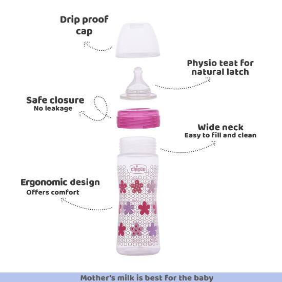 Chicco Well-Being 250 ml Feeding Plastic Bottle, Advanced Anti-Colic System, BPA Free, Hygienic Silicone Teat (Pink)