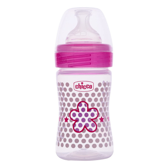 Chicco Well-Being 150 ml Feeding Plastic Bottle, Advanced Anti-Colic System, BPA Free, Hygienic Silicone Teat (Pink)