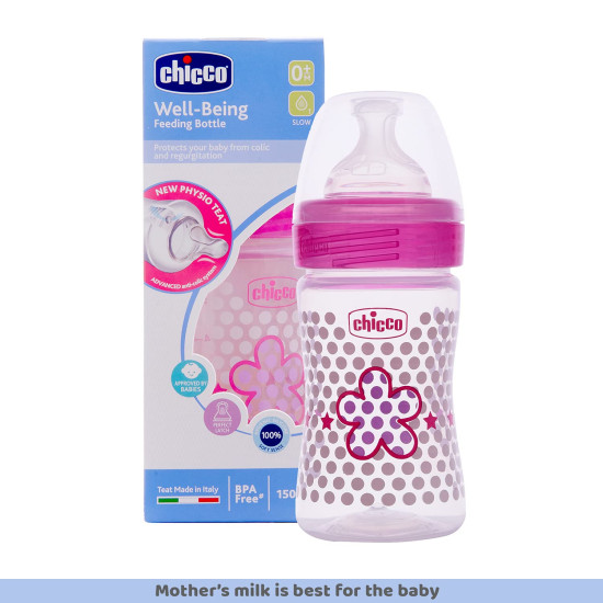 Chicco Well-Being 150 ml Feeding Plastic Bottle, Advanced Anti-Colic System, BPA Free, Hygienic Silicone Teat (Pink)