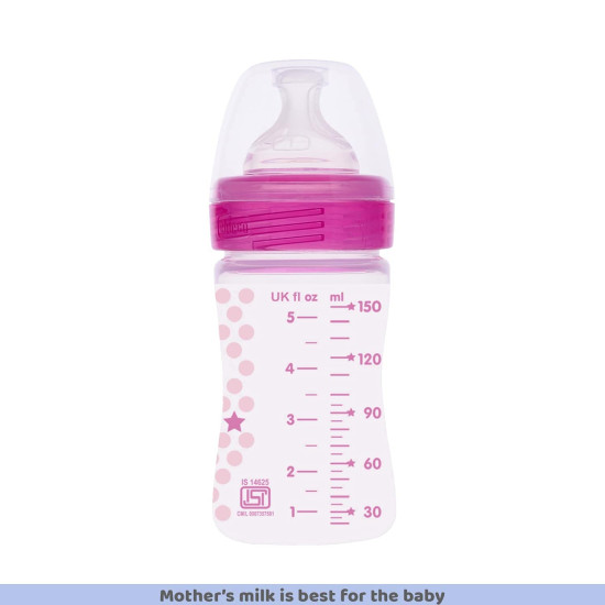 Chicco Well-Being 150 ml Feeding Plastic Bottle, Advanced Anti-Colic System, BPA Free, Hygienic Silicone Teat (Pink)