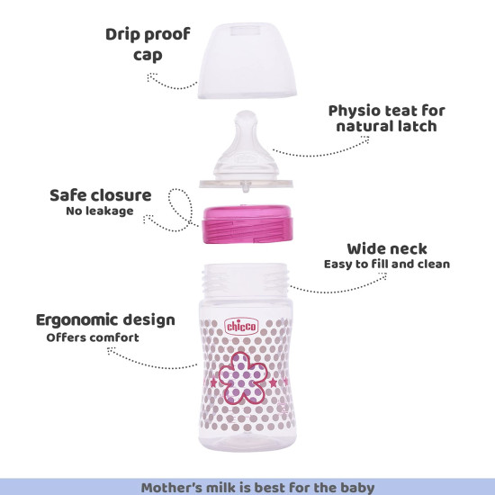 Chicco Well-Being 150 ml Feeding Plastic Bottle, Advanced Anti-Colic System, BPA Free, Hygienic Silicone Teat (Pink)
