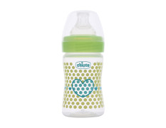 Chicco Well-Being 150 ml Feeding Plastic Bottle, Advanced Anti-Colic System, BPA Free, Hygienic Silicone Teat (Green)