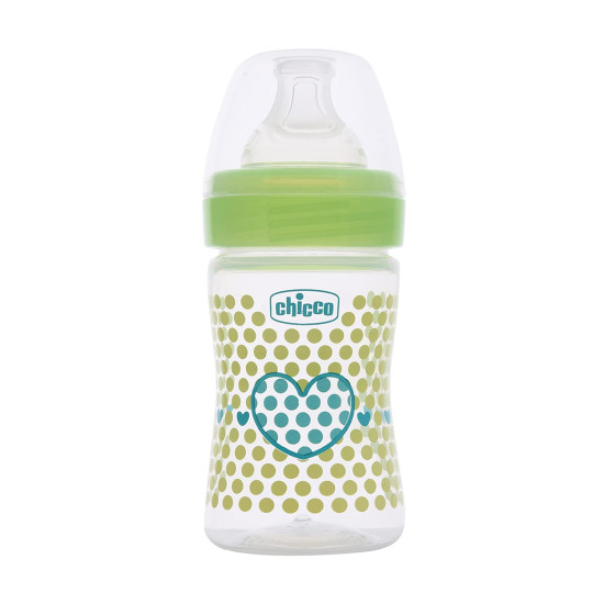 Chicco Well-Being 150 ml Feeding Plastic Bottle, Advanced Anti-Colic System, BPA Free, Hygienic Silicone Teat (Green)