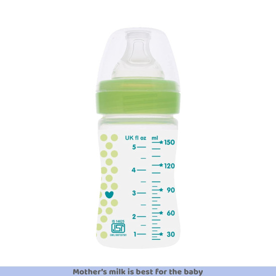 Chicco Well-Being 150 ml Feeding Plastic Bottle, Advanced Anti-Colic System, BPA Free, Hygienic Silicone Teat (Green)