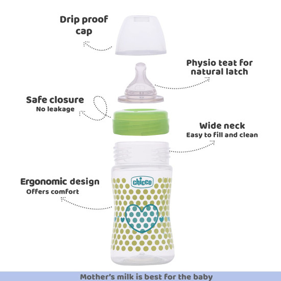 Chicco Well-Being 150 ml Feeding Plastic Bottle, Advanced Anti-Colic System, BPA Free, Hygienic Silicone Teat (Green)