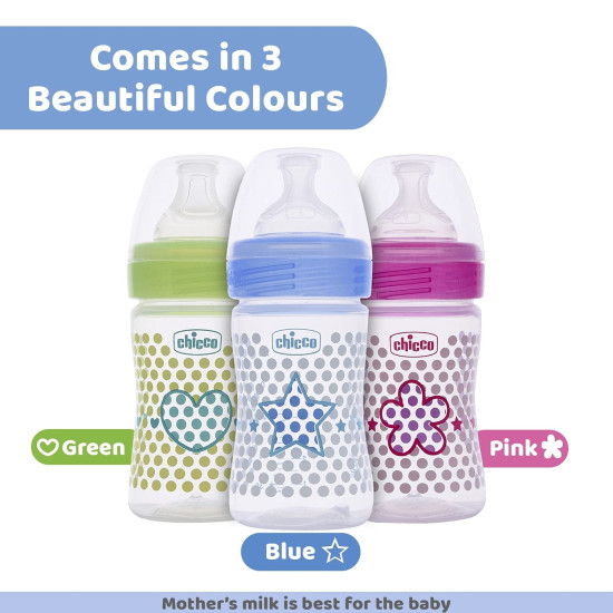 Chicco Well-Being 150 ml Feeding Plastic Bottle, Advanced Anti-Colic System, BPA Free, Hygienic Silicone Teat (Green)