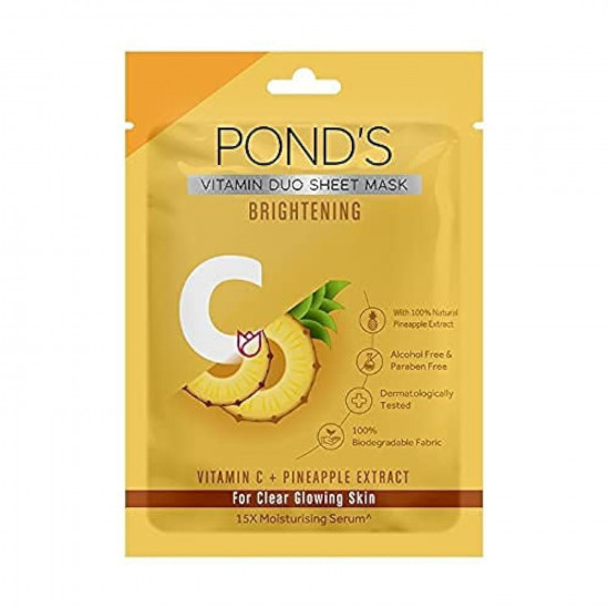 POND'S Vitamin C Brightening Sheet Mask, With Pineapple Extract For Clear Glowing Skin, Paraben Free, Biodegradable Fabric, 25 ml