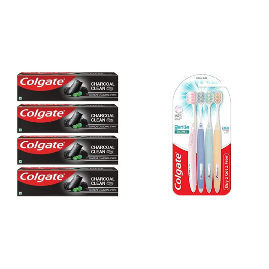 Colgate Charcoal Clean Toothpaste, Black Gel Paste, Bamboo Charcoal and Wintergreen Mint for Clean Mouth, 480g, 120g X 4 & Colgate Gentle Enamel Ultra Soft Toothbrush - 4 Pcs (Buy 2 Get 2 Free)