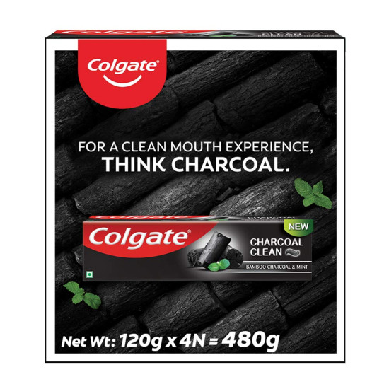 Colgate Charcoal Clean Toothpaste, Black Gel Paste, Bamboo Charcoal and Wintergreen Mint for Clean Mouth, 480g, 120g X 4 & Colgate Gentle Enamel Ultra Soft Toothbrush - 4 Pcs (Buy 2 Get 2 Free)