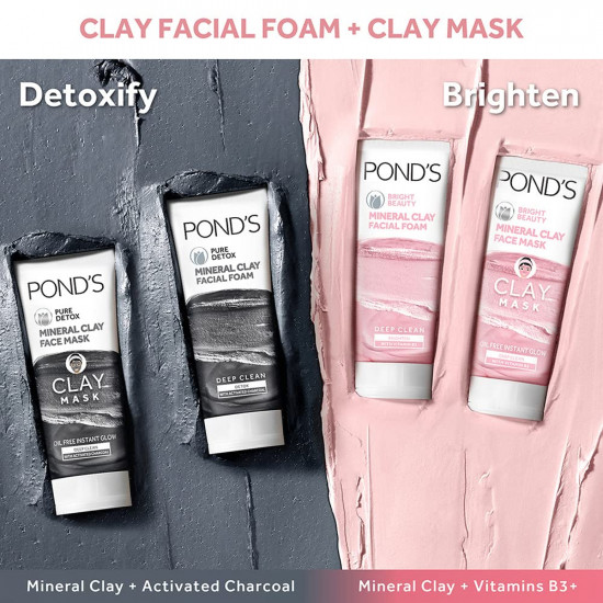 POND'S Pure Detox Mineral Clay Activated Charcoal, 4X Oil Absorbing, Detoxifying, Clay Mask For Oil Free Instant Glow, Face Mask 90 g