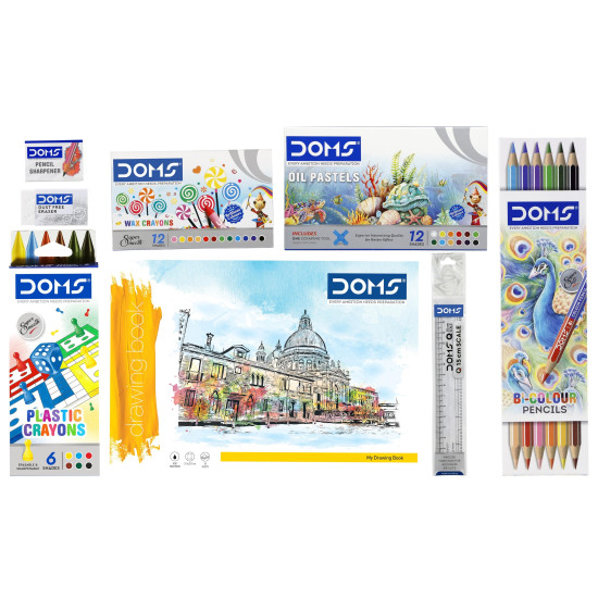 Doms Art Strokes Kit | Perfect Value Pack | Kit for Creative Minds | Gifting Range for Kids | Combination of 10 Stationery Items | Pack of 1
