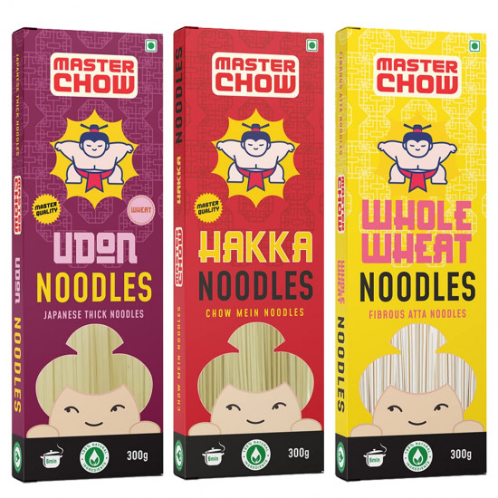 MasterChow Assorted Noodle Pack - 1 Udon, 1 Hakka, 1 Whole Wheat Noodle | No Preservatives | Get Restaurant Style Taste in Just 10 Minutes