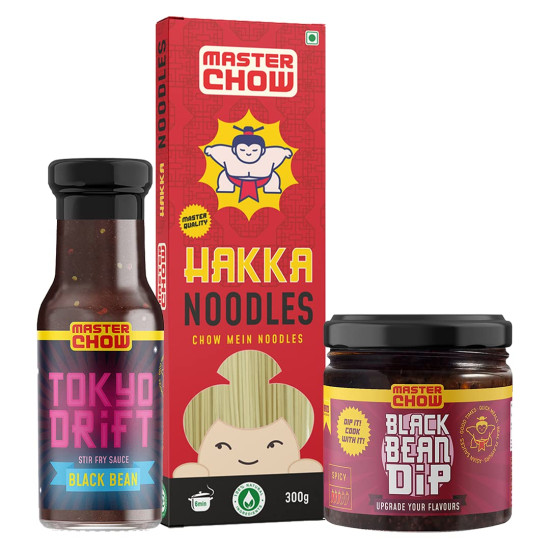 MasterChow Black Bean Jajangmyeon Combo Pack with Hakka Noodles (300 gm), Black bean Dipping sauce (200 gm) and Tokyo drift Black Bean sauce (220gm) | Made with Fermented Black Bean & Chilli Oil | No Artificial Color | Serves 4-5 Meals