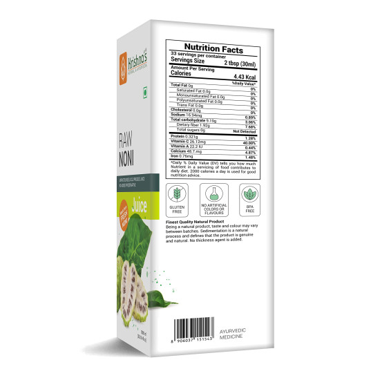 KRISHNA'S HERBAL & AYURVEDA Raw Noni Juice-1000 Ml|Preservative Free|No Added Thickener Color Or Flavor|Sugar Free Juice|Enhance Energy|Made With Fresh Noni Fruit (Morinda Citrifolia) KRISHNA'S HERBAL & AYURVEDA Raw Noni Juice-1000 Ml|Preservative Free|No Added Thickener Color Or Flavor|Sugar Free Juice|Enhance Energy|Made With Fresh Noni Fruit (Morinda Citrifolia)