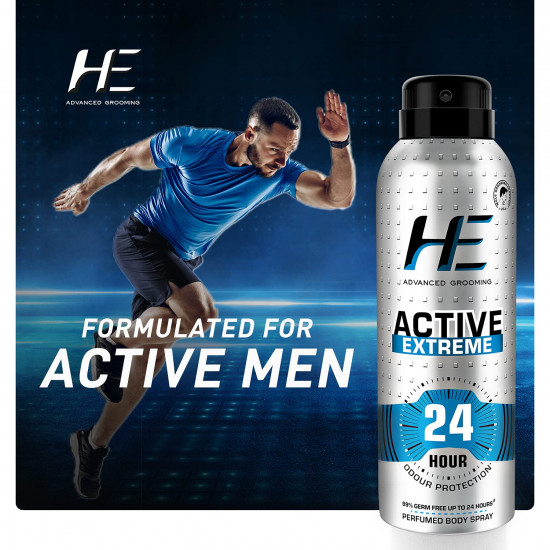HE Active Extreme Perfumed Body Spray 150ml for Today's Active Men, 24 Hour Odor Protection* 99% Germ Free up to 24 hours