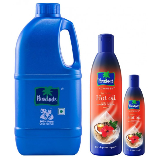 Parachute 100% Pure Coconut Oil, 1 L (Pet Jar) & Advansed Ayurvedic Hot Oil, Warming Coconut Hair Oil, Frizz Free Hair, 400ml With Free 90ml