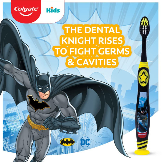 Colgate Kids Batman Manual Toothbrush, Extra-soft Bristles and Built-in Tongue Cleaner, Compact Head and Non-Slip Handle (Pack of 3,Multicolor)