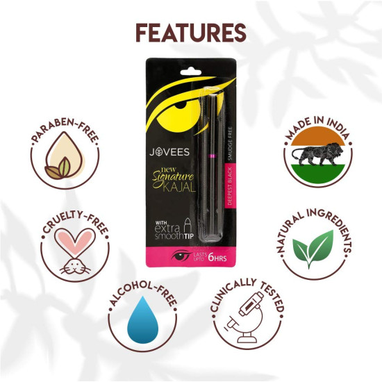 Jovees Herbal New Signature Kajal With Extra Smooth Tip, 3 gms | Herbal Kohl | Smudge Free | Lasts Upto 6 Hours | Deepest Black