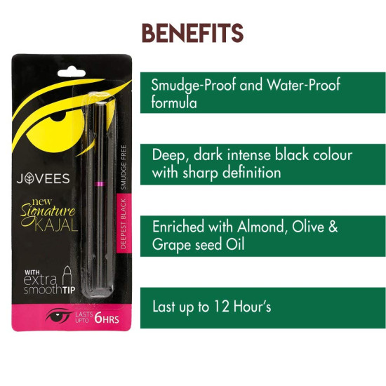 Jovees Herbal New Signature Kajal With Extra Smooth Tip, 3 gms | Herbal Kohl | Smudge Free | Lasts Upto 6 Hours | Deepest Black