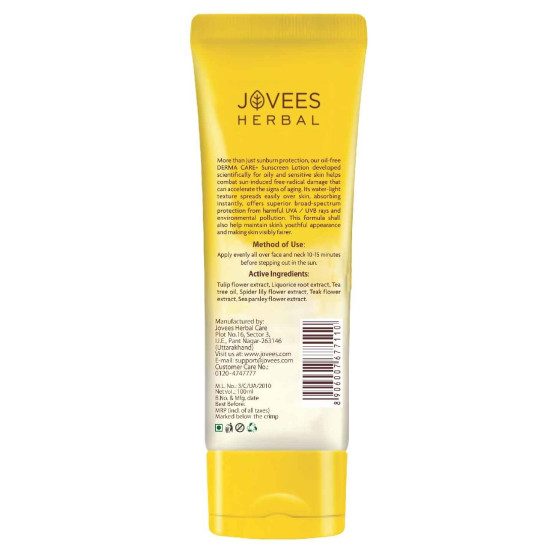 Jovees Herbal Sun Derma Care Lotion SPF 50 PA+++ Broad Spectrum | Oil Free | Quick Absorption | Lightweight |UVA & UVB Protection | For oily and sensitive skin | Paraben And Alcohol Free | 100ML