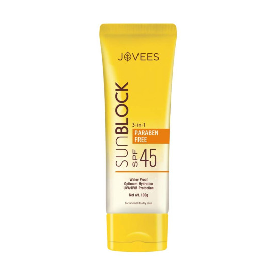 Jovees Herbal Ajneer & Carrot Sun Block Sunscreen SPF 45, 100g | Water Proof - UVA & UVB Protection | Normal to Dry Skin Types | Paraben & Alcohol Free