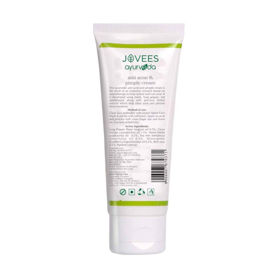 Jovees Ayurveda Neem & Long Pepper Anti Acne and Pimple Cream, 60 gms | Oily, Sensitive & Acne Prone Skin | Paraben & Alcohol Free | Helps Clear Acne & Prevents Future Breakout