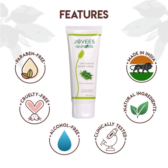 Jovees Ayurveda Neem & Long Pepper Anti Acne and Pimple Cream, 60 gms | Oily, Sensitive & Acne Prone Skin | Paraben & Alcohol Free | Helps Clear Acne & Prevents Future Breakout