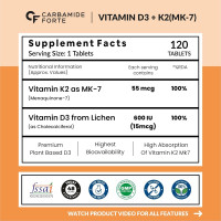 Carbamide Forte Vitamin D3 K2 Supplement | Vitamin K2 MK7 To Support Bone & Heart Health | Veg D3 - Lichen - 120 Tablets